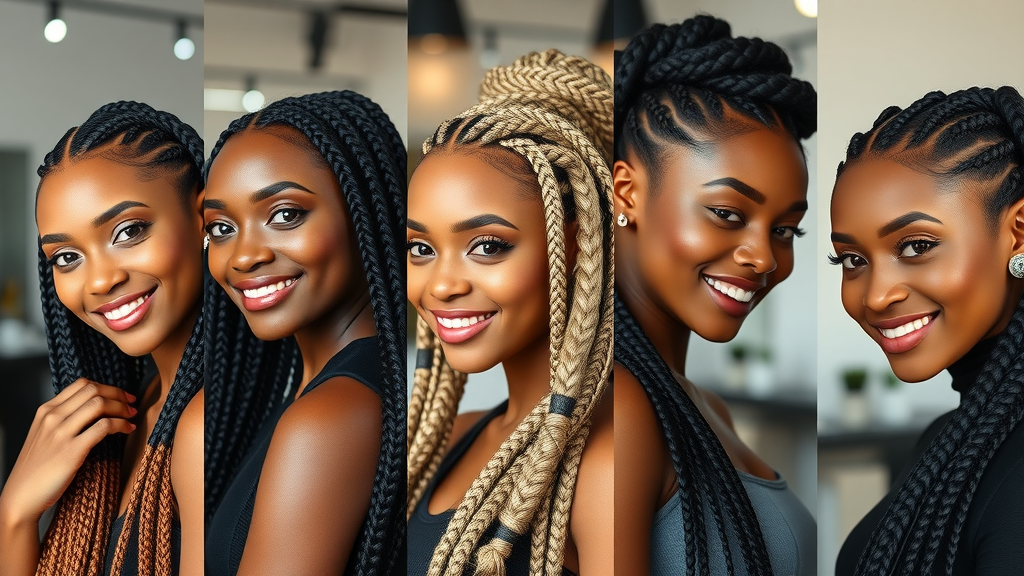 Gallery with cornrows, box braids, and goddess braids in Olongapo, models with vibrant hair colors and happy expressions