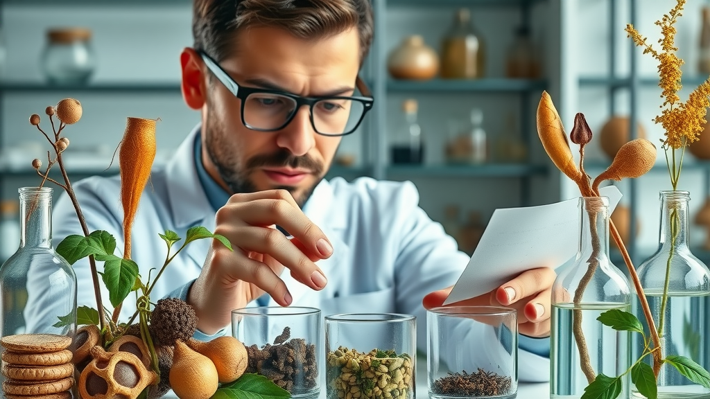 Adaptogenic herbs for hormone balance, menopause symptoms, male reproductive health, scientific laboratory, dynamic collage, photorealistic