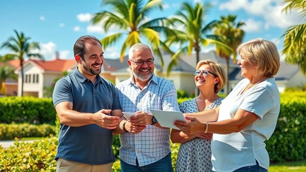 new home roof installation naples vibrant neighborhood with satisfied homeowners and expertly installed roof, palm trees, blue sky