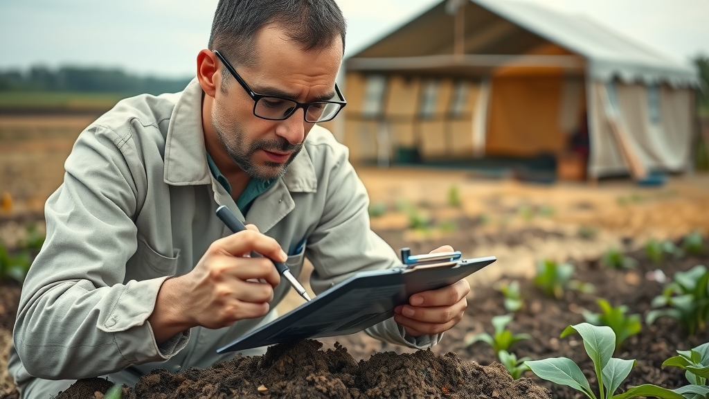 soil scientist assessing soil health for regenerative farming with sampling tools in the field