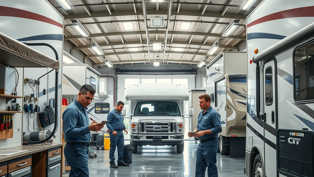 Modern RV service department clean and organized with technicians working efficiently to support dealer collaboration