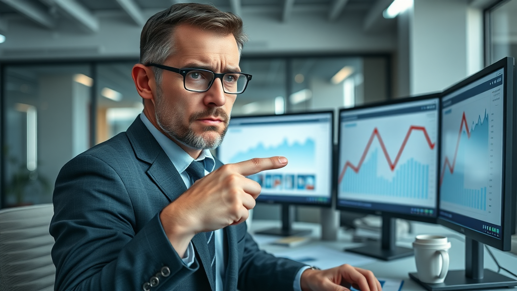 Business owner frustrated by failed social media analytics, pointing at downward trend lines
