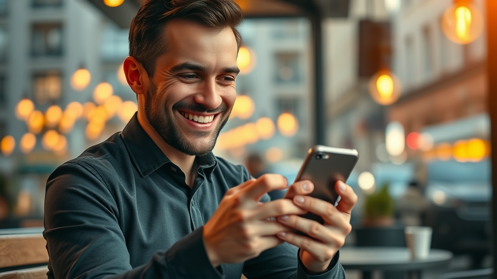 entrepreneur satisfied reviewing optimized Google Business Profile SEO reputation management urban cafe