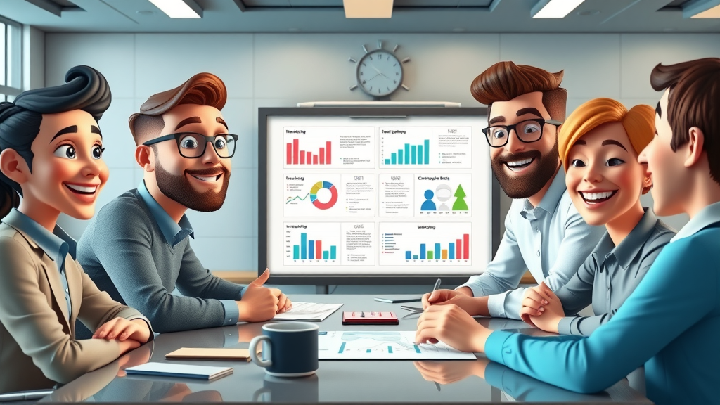 marketing team planning future email campaigns around digital boardroom table with vivid, modern visuals