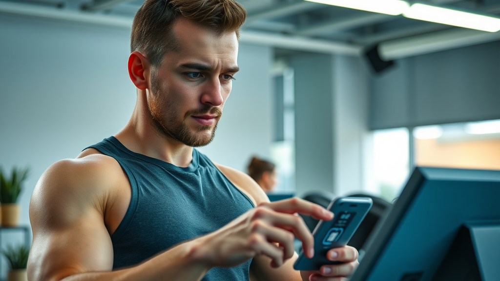 Personal training Denver client using fitness app with trainer in motivating gym