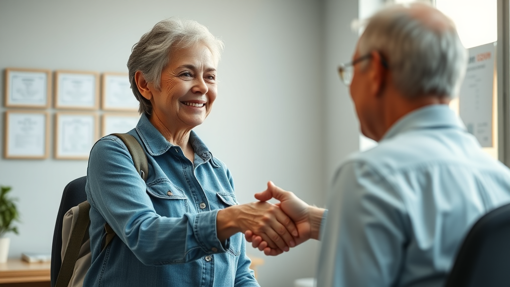Female veteran celebrating VA claim assistance success in consultant