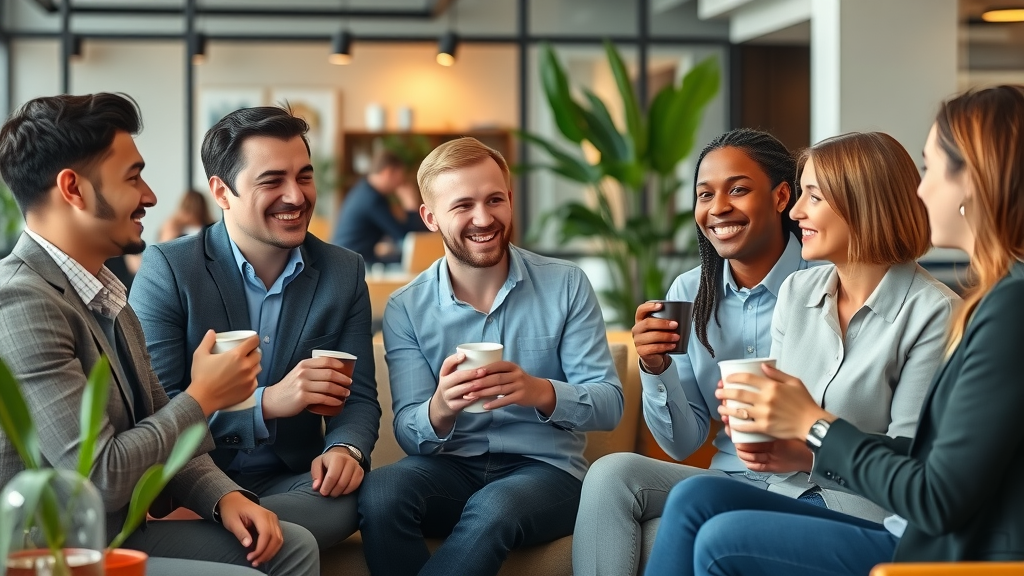 Cozy workplace break area, colleagues from various backgrounds, chatting while holding coffee mugs, Photorealistic High Fidelity Lifelike, background featuring modern office elements and indoor plants, highly detailed, casual posture, business casual attire, soft daylight, shot with an 85mm lens.