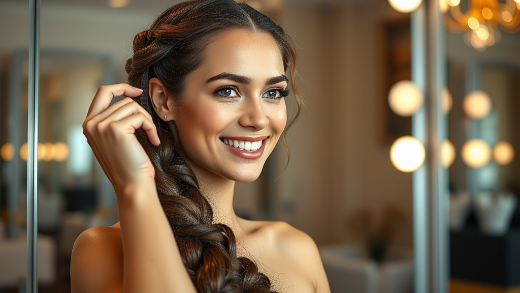 confident young woman admiring freshly braided hair in elegant salon mirror, glossy strands and soft ambient lighting, shot with a Zeiss 85mm lens.