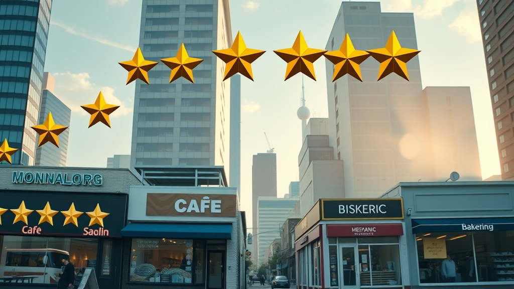 review sites - infographic of rising star ratings above confident small businesses, animated stars and upward arrows