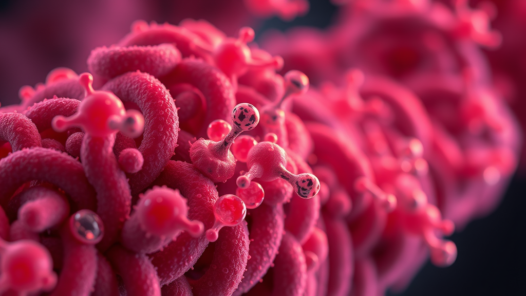 close-up of glucose molecules interacting with gut bacteria, highlighting sugar absorption and bacteria