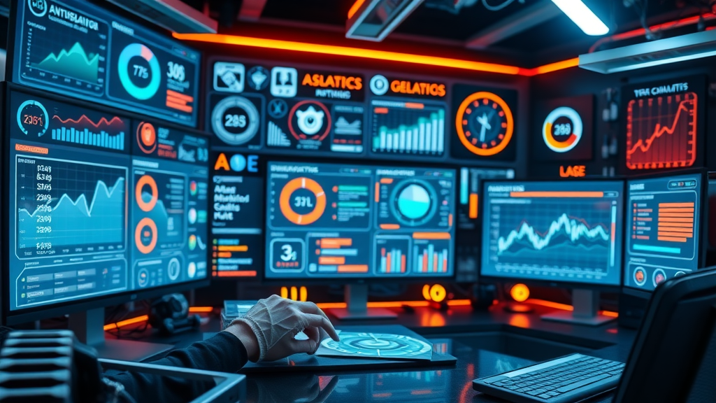 Modern digital marketing tools and software dashboards for nonprofit digital strategies, with glowing screens and interactive elements in a high-tech workspace.