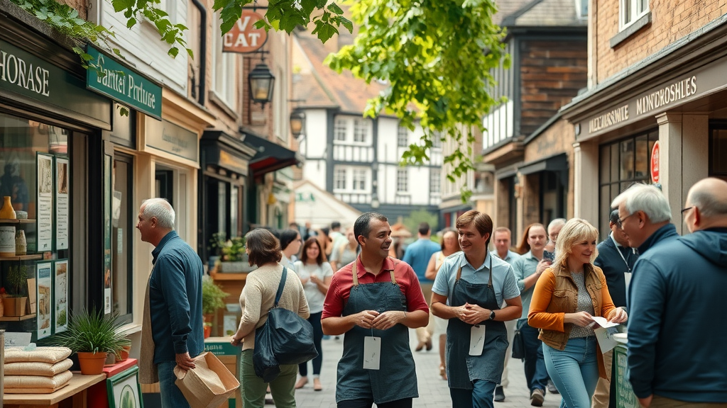inspiring historic Monmouthshire town center, bustling market scene, cheerful business owners interacting with customers, photorealistic high fidelity lifelike, picturesque architecture with leafy surroundings, vibrant community energy, monmouthshire marketing, crisp focus, warm color tones, soft daylight, shot with a Canon 50mm lens