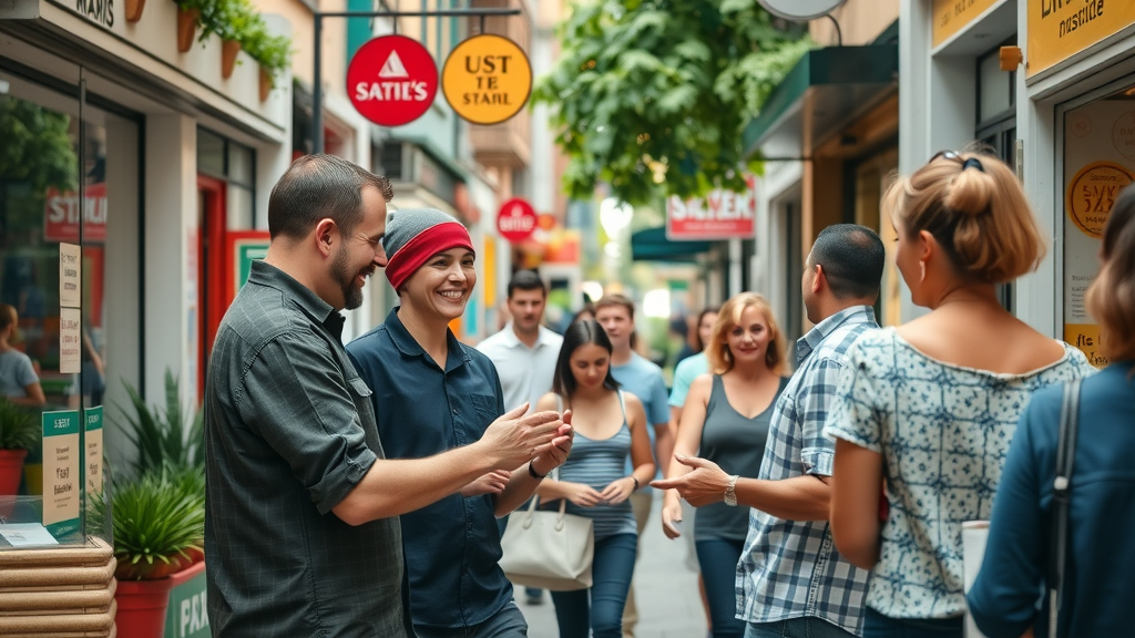 vibrant busy local street with small businesses, friendly shopkeepers engaging with customers, local SEO techniques neighborhood