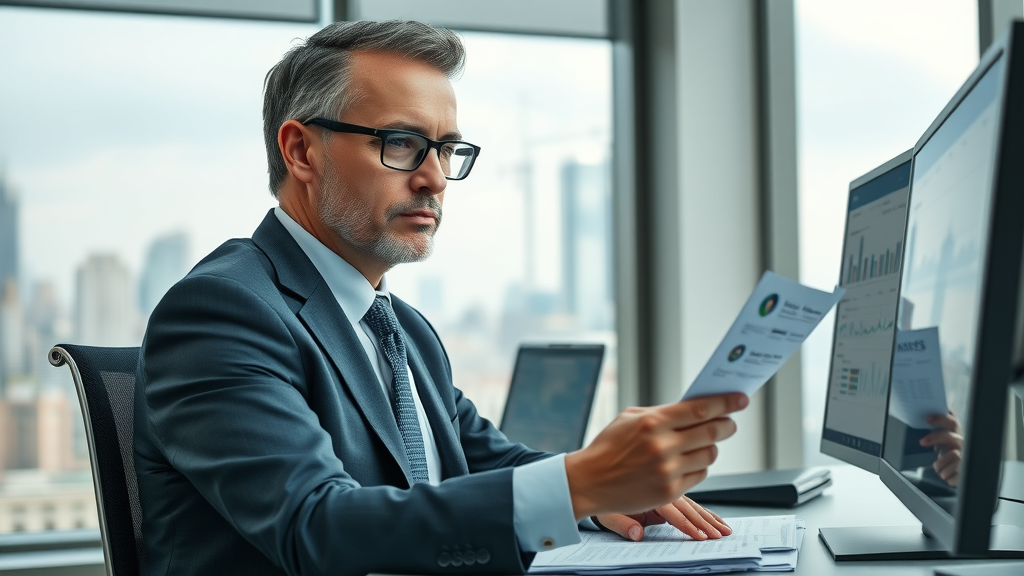 Professional accountant reviewing financial reports in a modern office