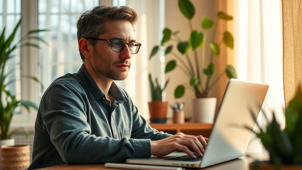 Remote work and life balance, person working from cozy home office, warm and sunlit