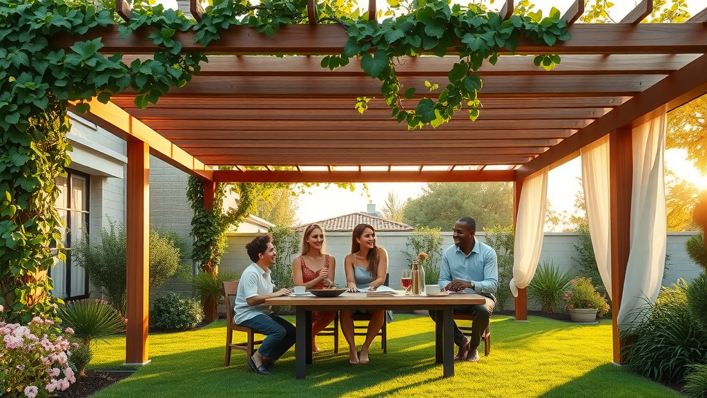 Custom wooden pergola Houston backyard with a family gathering under it