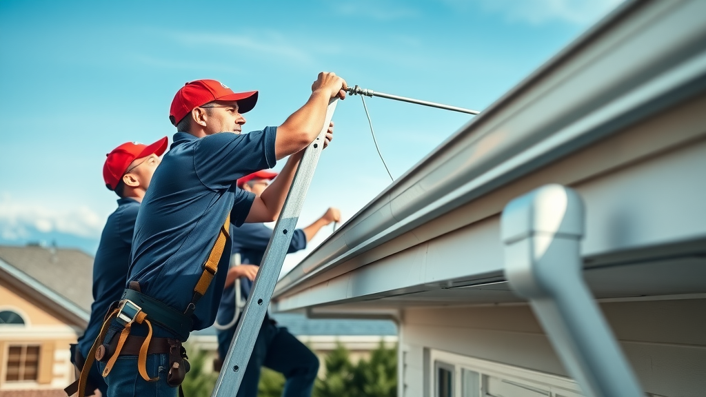 Professional gutter installation team fitting white seamless gutters on Salt Lake City home, blue skies and Utah landscape, team in crisp navy uniforms, clean dynamic work
