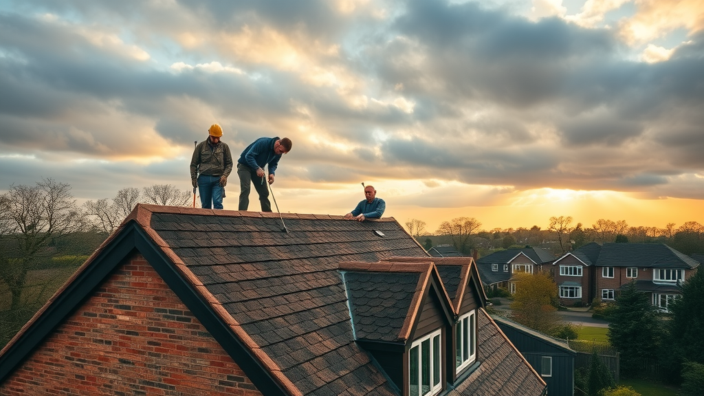Expert roofers inspecting a Chesterfield home roof at sunset, roofing services near Chesterfield.