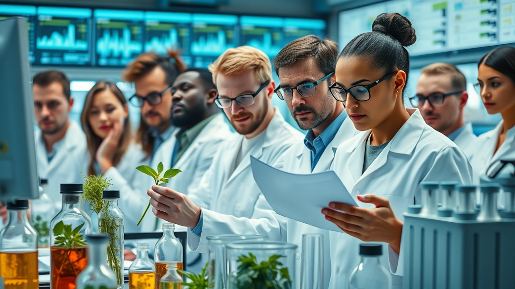 researchers examining herbal extracts for adaptogen effectiveness, laboratory scene, holistic hormone therapy customer review insights