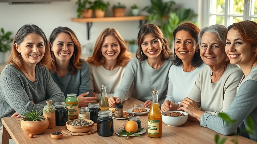 calm diverse women with herbal supplements for natural hormone balance sitting in bright kitchen