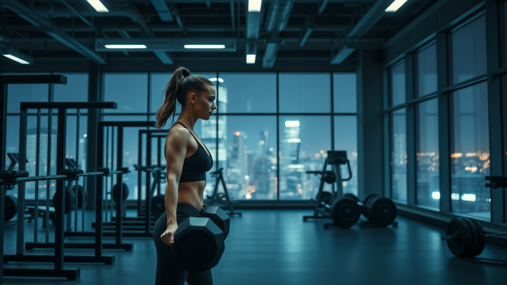 Woman lifts weights at fitness center after dark showing 24-hour access