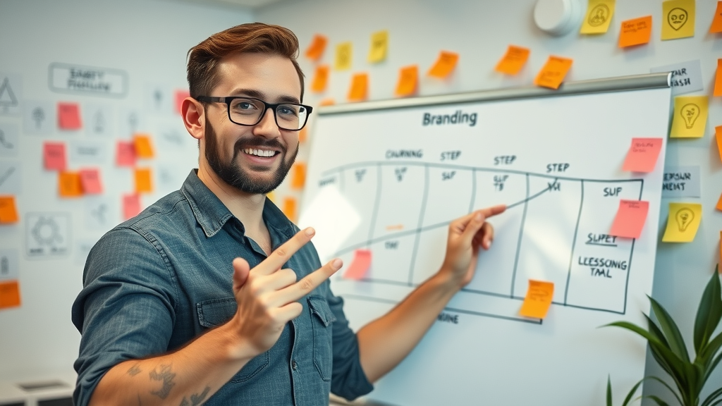 entrepreneur planning comprehensive small business branding steps on a whiteboard