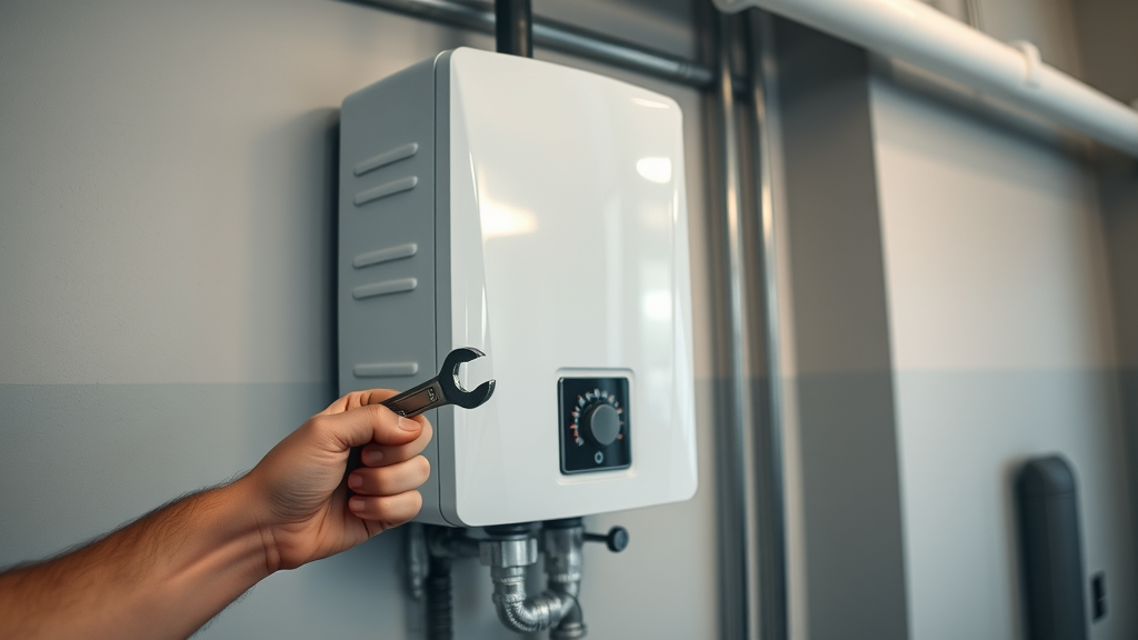 Tankless water heater expertly installed and adjusted in home utility space