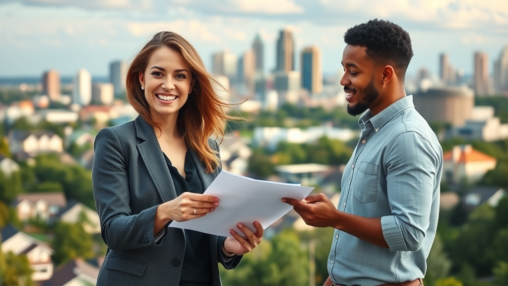 Best realtor in Atlanta advising homebuyers with Atlanta skyline in background