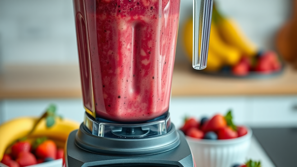 Vitamix blender filled with vibrant smoothie, best smoothie blender for thick smoothies, kitchen scene