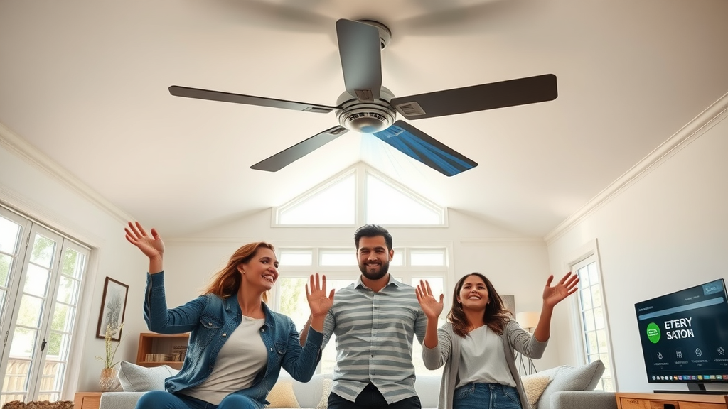 Modern whole house fan installed in ceiling, family enjoying cool fresh breeze and energy savings in Orange County living room