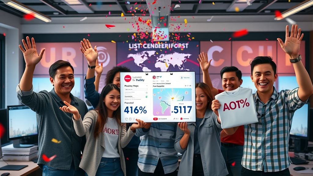 Excited marketing team presenting viral social media campaign results, branded merchandise, engagement stats on screens