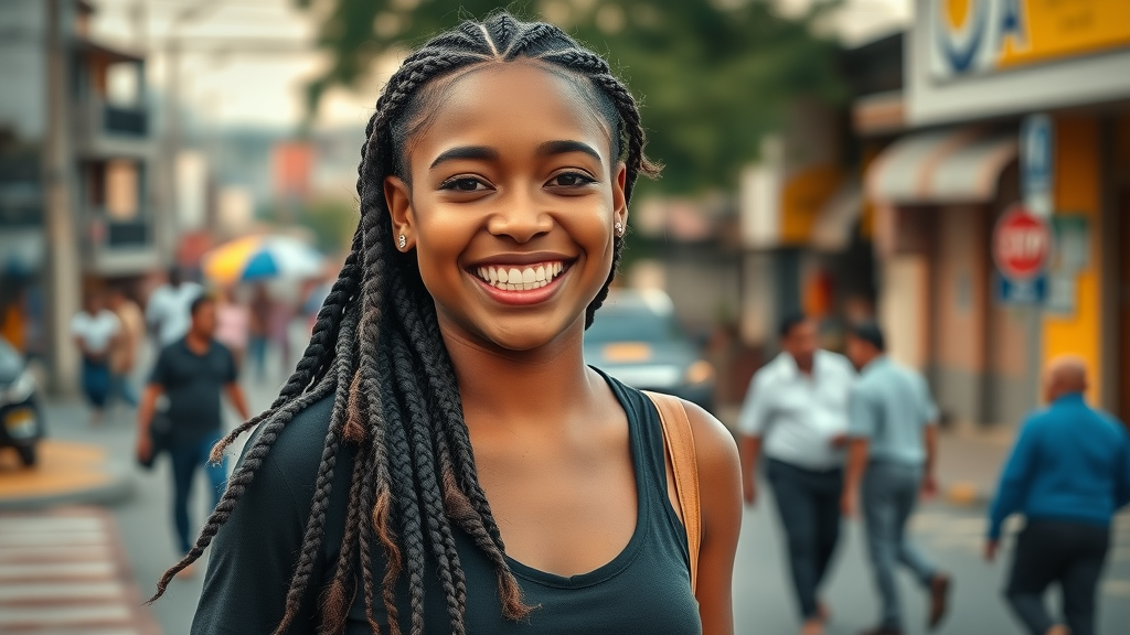 Confident young woman with intricate braids, joyful expression, walking outdoors in Orlongapo, cityscape in background, highly detailed braid work, dynamic movement, sharp focus, golden hour lighting