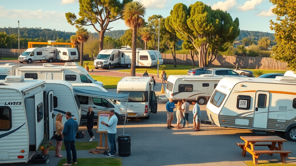 Data-driven RV pricing supported by vibrant modern RV park with QR code posters facilitating sales