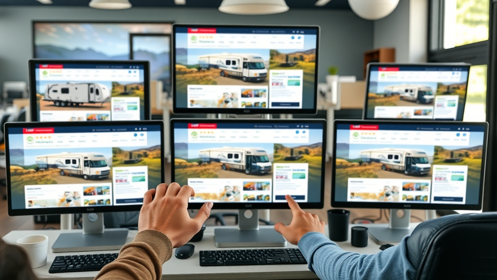 Digital marketing campaign showcasing multiple RV listings on various online platforms in a modern office