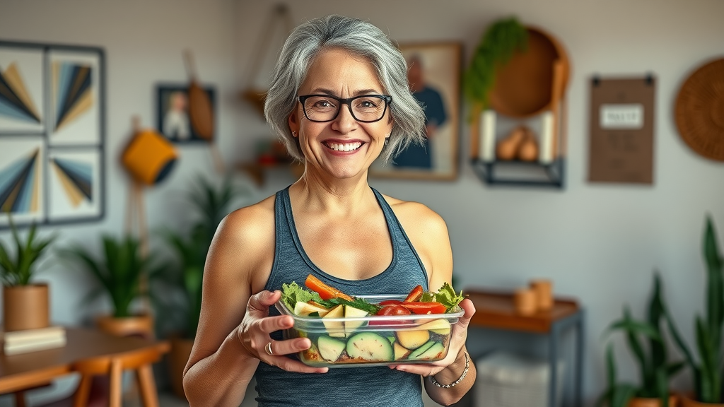 Personal training Denver success woman with healthy meal at gym smiling proudly