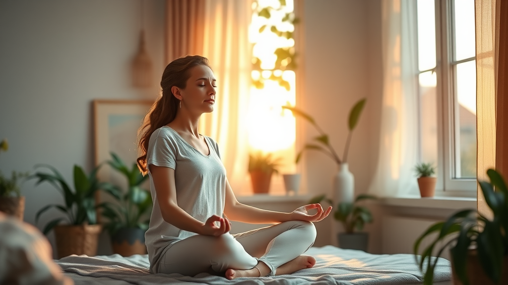 Natural hormone regulation through daily habits - woman meditating at sunrise in bedroom
