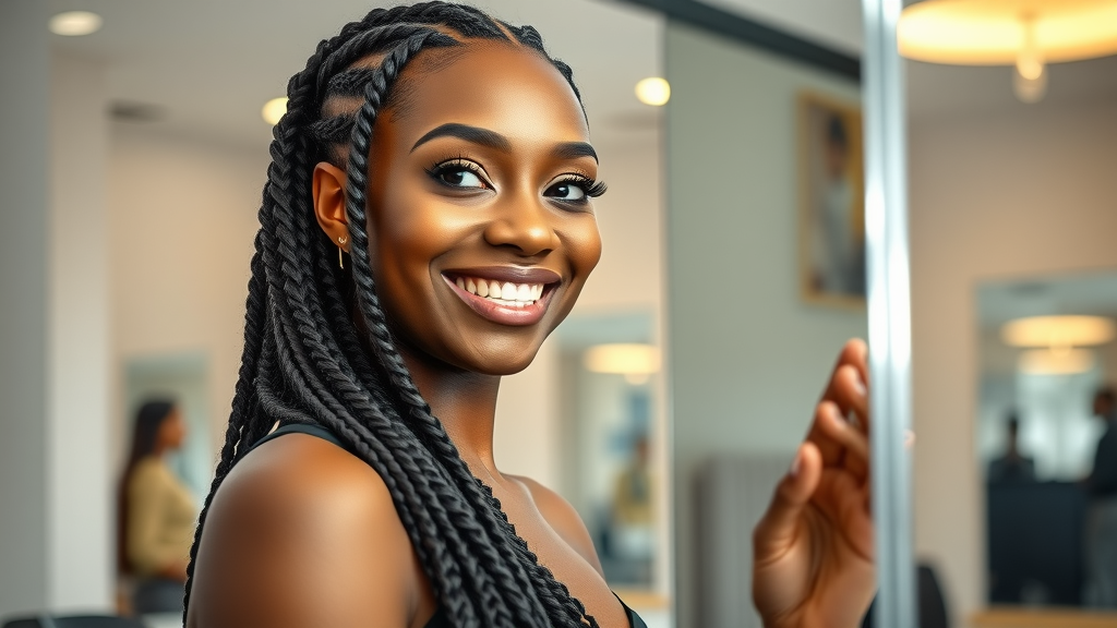 confident woman intricate hair braiding in olongapo city beauty salon modern chic smiling detailed soft focus