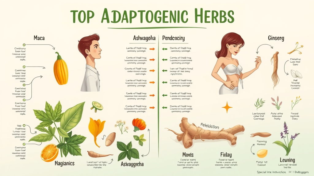 Infographic of best adaptogenic herbs for menopause symptoms and male fertility, divided by gender, hormone balance, educational chart, herbal icons, photorealistic