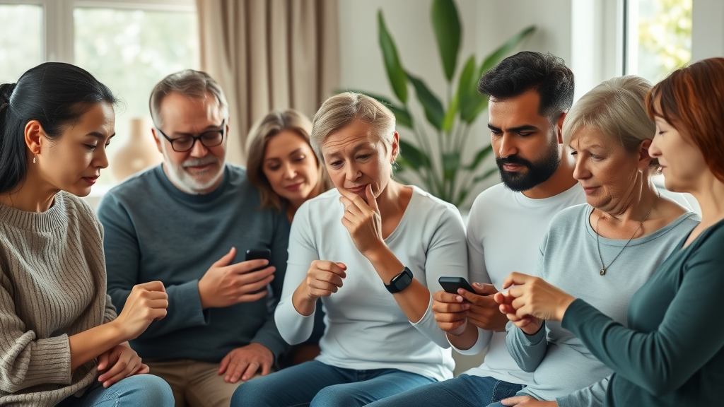 Natural hormone regulation and hormonal imbalance - diverse group of adults checking health trackers at home