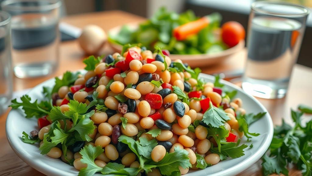 colorful bean and lentil salad with leafy greens and olive oil for heart attack, diabetes, and superfoods benefits