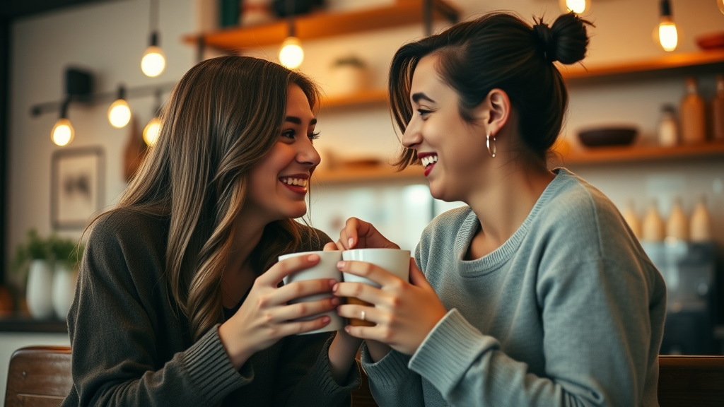 Intimate two-person coffee moment, friends engaged in genuine eye contact, leaning forward sharing stories, Cinematic, cozy backdrop with soft bokeh cafe lights and wooden shelves, highly detailed, authentic laughter, warm color palette, golden hour lighting, shot with a 35mm lens.
