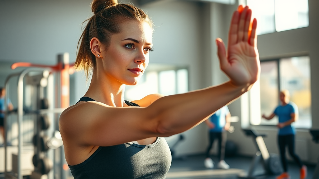 beginner gym - athletic woman performing safe warmup stretch in Winnipeg gym