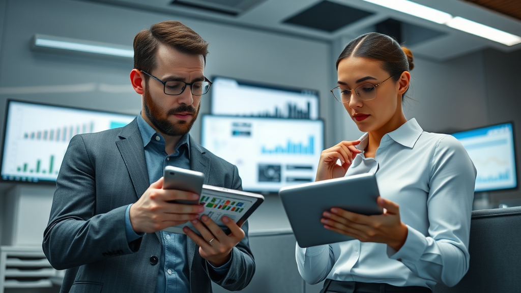 Business professionals discussing peer-to-peer RV sales expert platforms on digital tablets