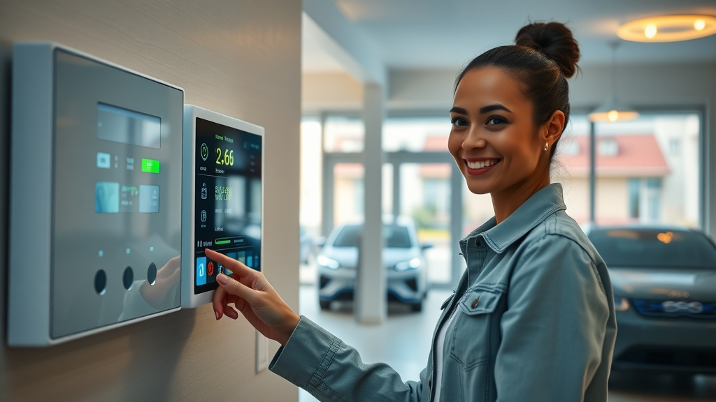 Woman using smart electrical control panel for home lighting and energy savings.
