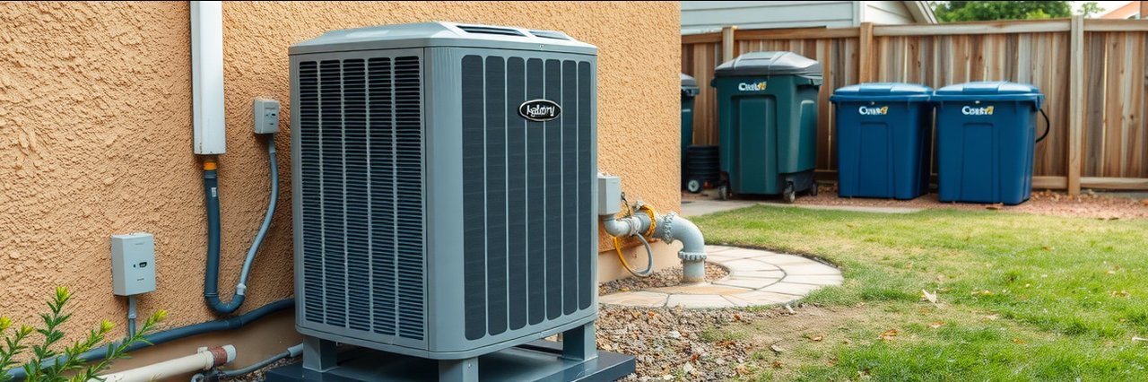 Heating system installation of outdoor HVAC unit on stucco wall