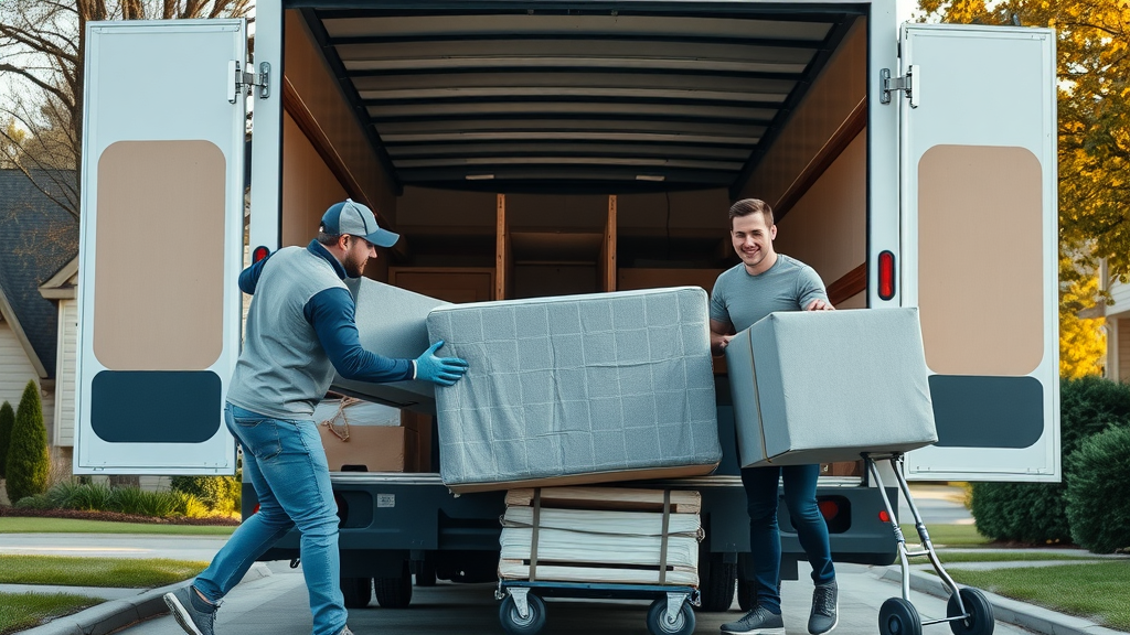 local moving company professional movers loading furniture into moving truck suburban driveway photorealistic