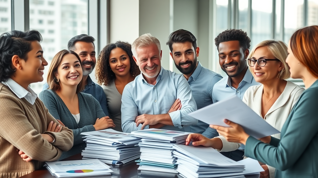 Diverse adults collaborate on financial planning for post-divorce independence