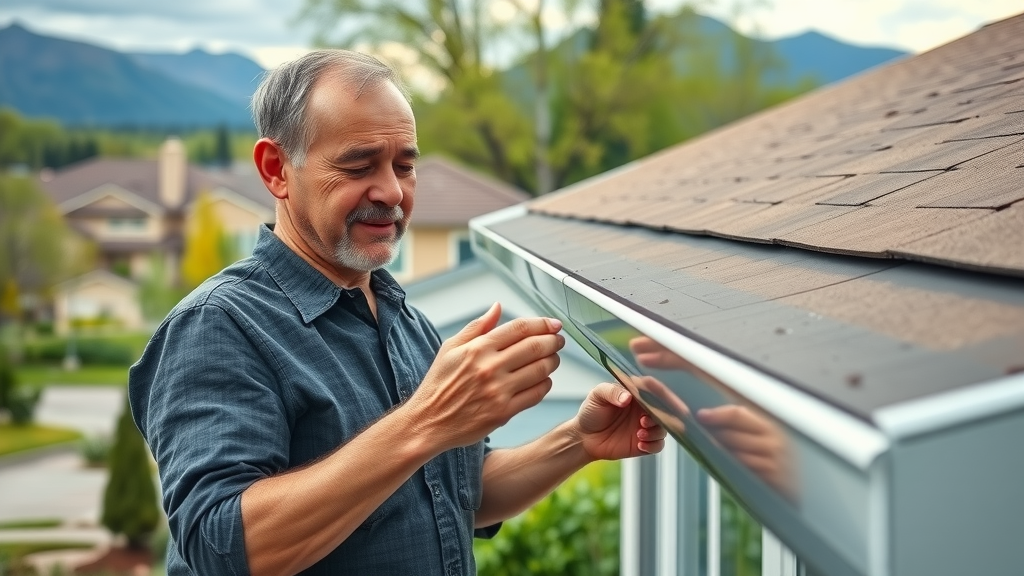 Salt Lake City home with newly installed seamless gutters, homeowner inspecting gutter work, lush spring neighborhood, mountains in background, rain drops on clean gutters
