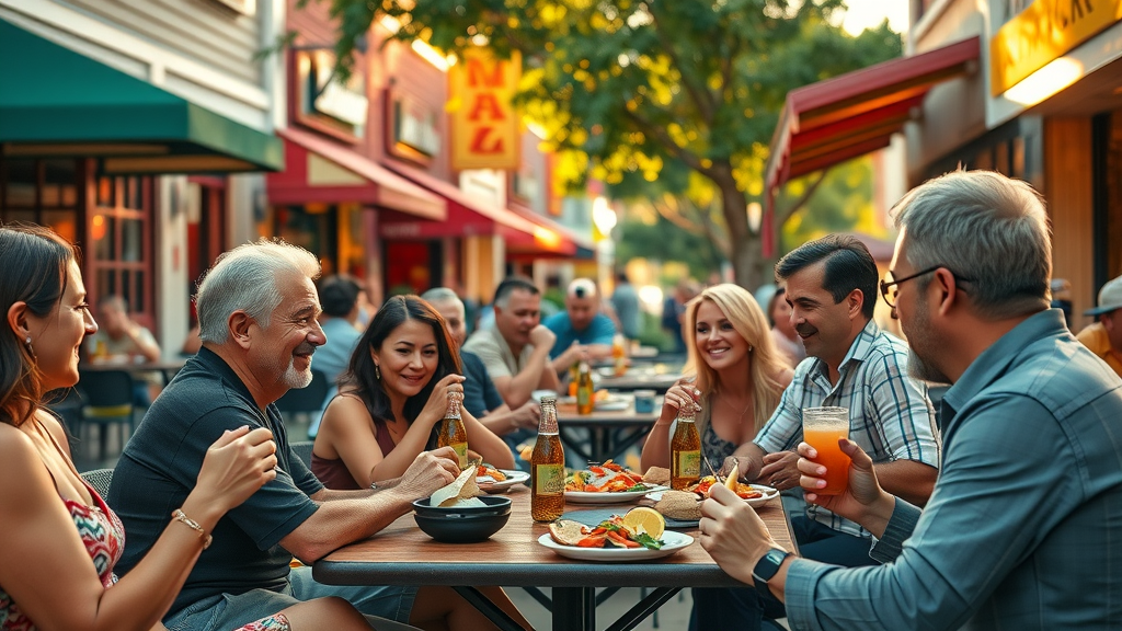 bustling Irving Texas street vibrant with families enjoying the best mexican restaurant in irving texas; outdoor dining, colorful facades and lush greenery