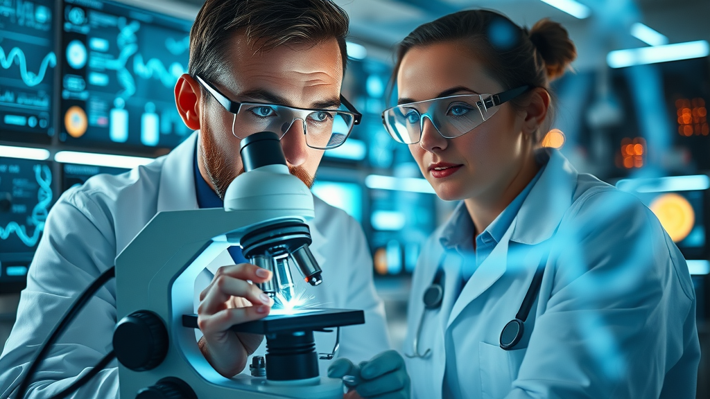excited scientist researching microbiome in futuristic lab, surrounded by glowing digital displays